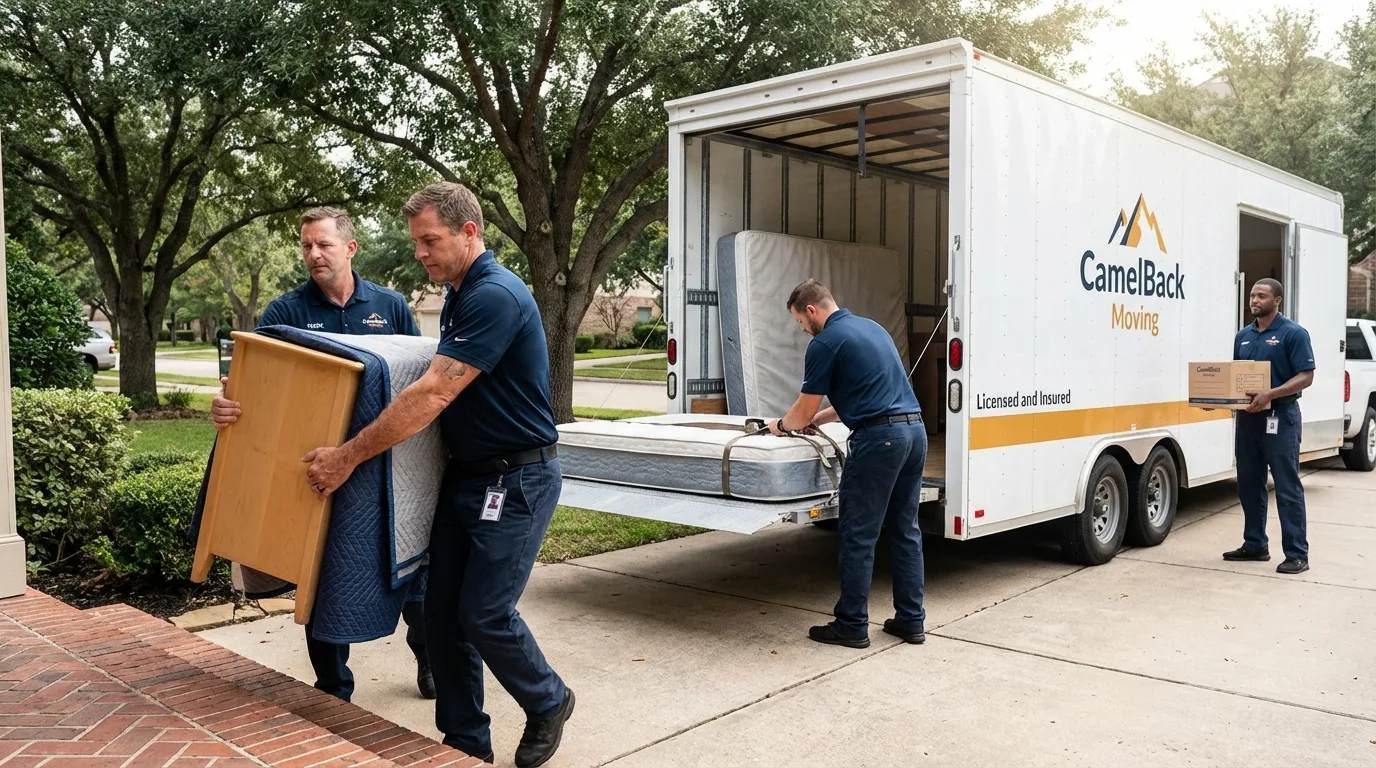 Crew loading residential truck for cross-state move from Arnold, CA