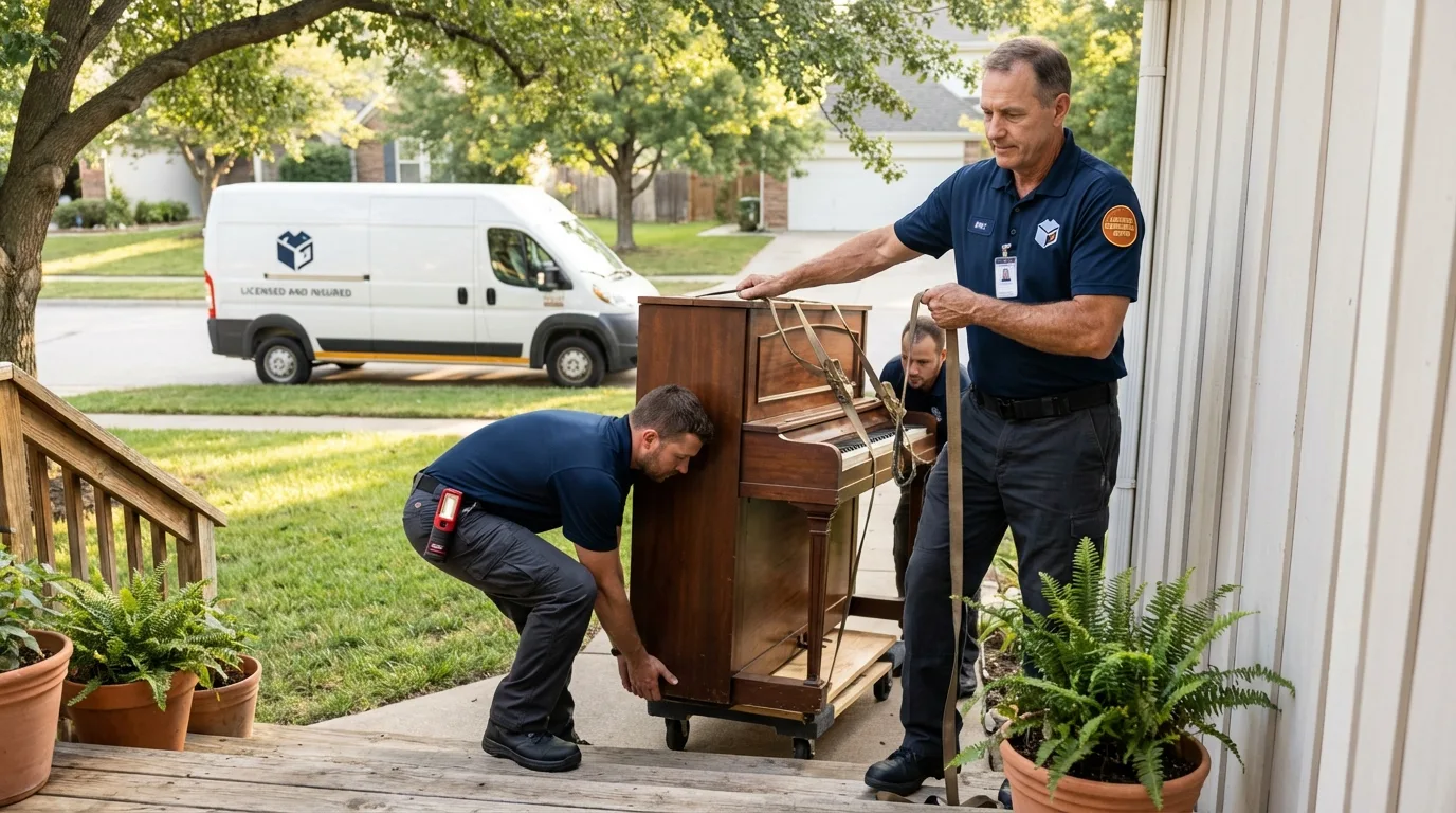 Licensed piano movers securing grand piano in Arnold, CA