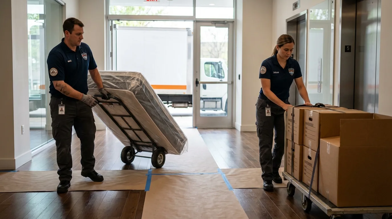 Professional apartment movers loading elevator in Arnold, CA